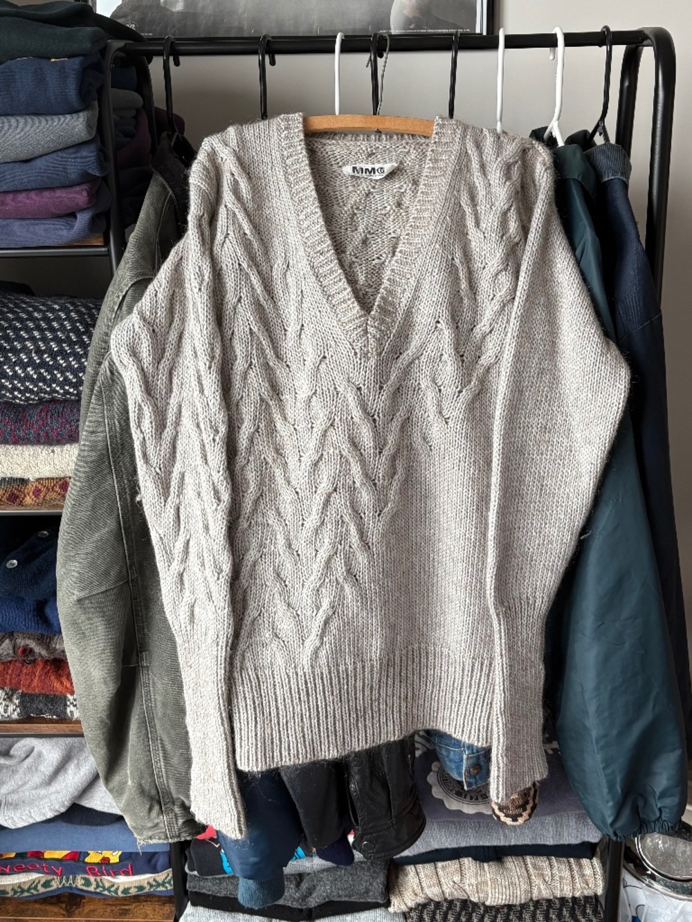 Maison Marin Margeila MM6 Womens Mohair Cableknit V-neck Sweater
